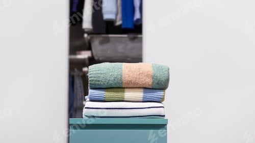 Preview: Folded colorful striped knitted woolen sweaters with open wardrobe on light gray background. Concept