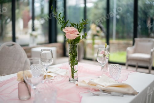 Preview: Elegant private event venue table setting prepared for an intimate lunch gathering with delicate flo