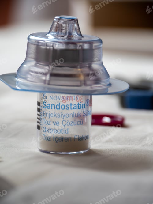 Preview: Sandostatin LAR 30 mg vial with white suspension injection for growth hormone disorder treatment, cl