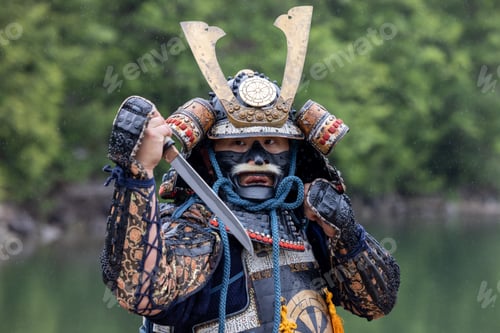 Preview: Samurai Warrior in Traditional Armor With Sword at Stave Lake in Mission, British Columbia, Canada