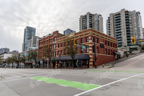 Preview: Historic Brick Corner and Modern Highrises in New Westminster Vancouver BC Canada Urban Street Scene