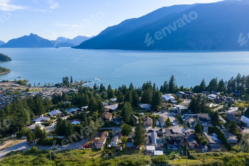 Preview: Aerial View of Britannia Beach Coastal Village Over Howe Sound With Mountains and Ocean in British C