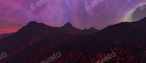Preview: Alien Volcanic Landscape at Dusk With Glowing Lava Fissures and Distant Planet Sky