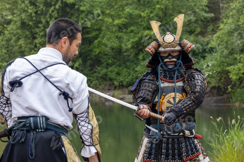 Preview: Samurai Duel in Traditional Armor at Stave Lake, Mission, British Columbia, Canada During Rain