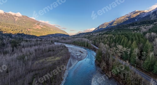 Preview: Aerial View Of River Bend Through Forested Mountains In Fraser Valley, British Columbia, Canada