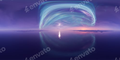 Preview: Surreal Aurora Over Calm Ocean At Twilight With Colorful Sky Reflection — 3d Rendering