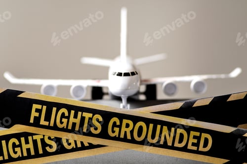 Preview: Airplane obscured by a warning sign flights grounded, a sign indicating flight cancellations