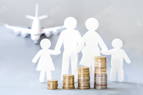 Preview: Stack of coins with family figures and an airplane Life insurance for air travel