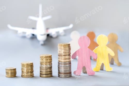 Preview: Stack of coins, group of people waiting in line for a plane. Life insurance.