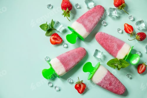 Preview: Refreshing Homemade strawberry ice cream or popsicles on soft green background. View from above.