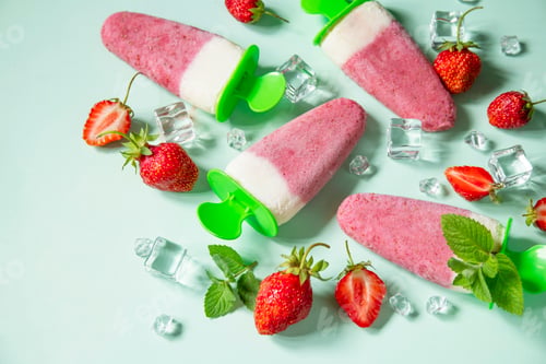 Preview: Refreshing Homemade strawberry ice cream or popsicles on soft green background. Copy space.