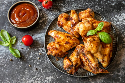 Preview: Barbecue chicken wings with sauce on a stone surface. Traditional baked bbq buffalo. Tasty snack for