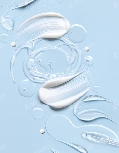 Preview: Samples of Cosmetic Care Products Smear of Cream and Gel Texture on a Light Blue Background