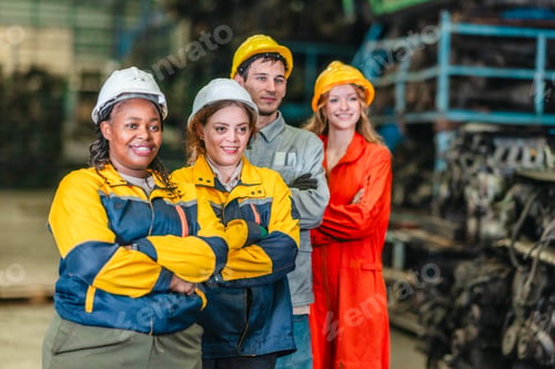 Preview: Factory Team Celebrating Teamwork in Auto Parts Warehouse