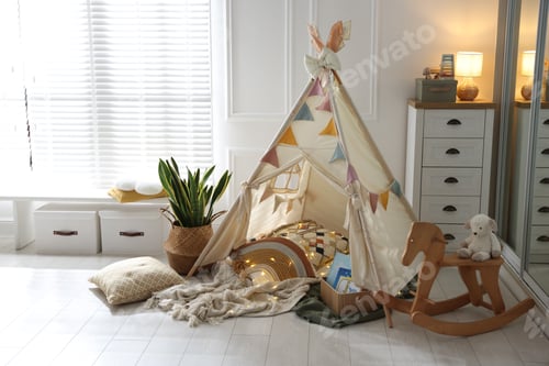 Preview: Cute wigwam with fairy lights and toys in stylish child's room