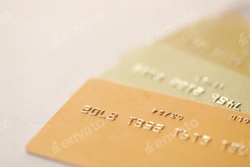 Preview: Many credit cards on gray background, closeup