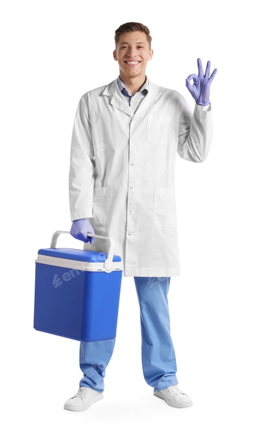Preview: Laboratory worker holding blue cool box and showing ok gesture on white background