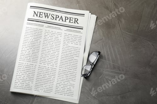 Preview: Newspaper and glasses on grey table, flat lay