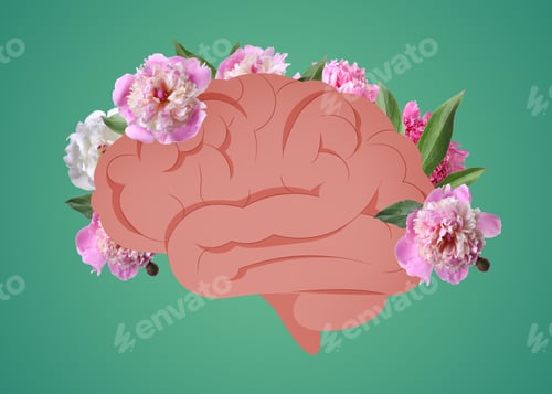 Preview: Brain illustration with beautiful flowers on teal background. Mental health