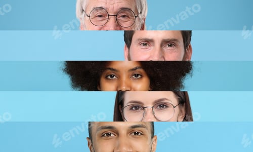Preview: Women and men of different ages and races. Collage with closeup photos of eyes on blue background. E