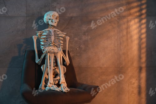 Preview: Waiting concept. Human skeleton sitting in armchair indoors, space for text