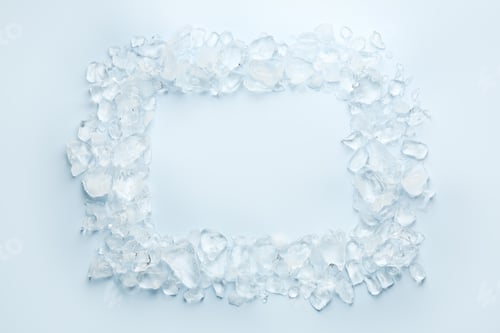 Preview: Frame of crushed ice on light blue background, top view. Space for text