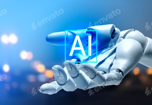 Preview: Robot hand holding virtual AI sign against blurred background. Artificial intelligence concept