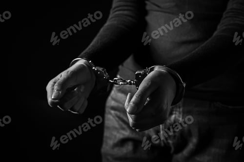 Preview: Handcuffed woman in darkness, closeup. Captured criminal. Black and white toning