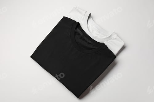 Preview: Blank folded t-shirts on light grey background, top view. Mockup for design
