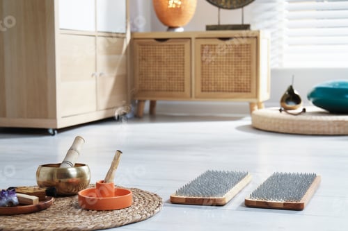 Preview: Pair of Sadhu boards, Palo Santo sticks and Tibetan singing bowl on light wooden floor indoors, clos