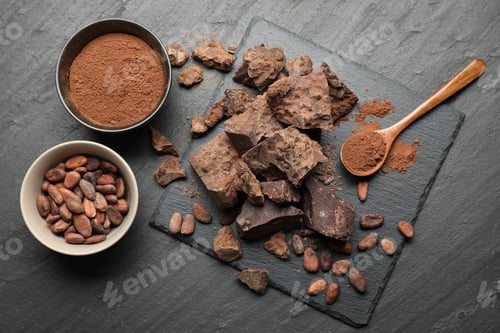 Preview: Chocolate chunks, cocoa powder and beans on grey textured table, flat lay