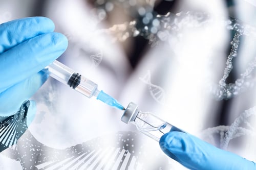 Preview: Doctor filling syringe with medication, closeup. Double exposure with DNA strands