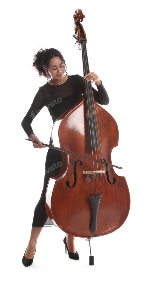 Preview: Woman playing double bass on white background