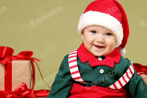 Preview: Cute little baby in Santa hat with Christmas gifts on olive background