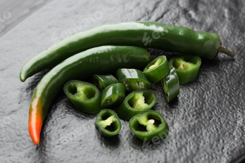 Preview: Fresh chili peppers on black table, closeup