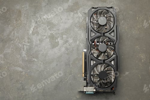 Preview: One graphics card on grey table, top view. Space for text