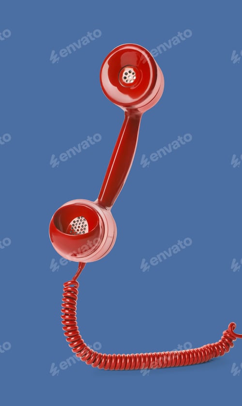 Preview: Red telephone handset with cord on blue background. Hotline concept