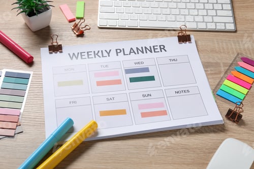 Preview: Weekly planner and stationery on wooden desk