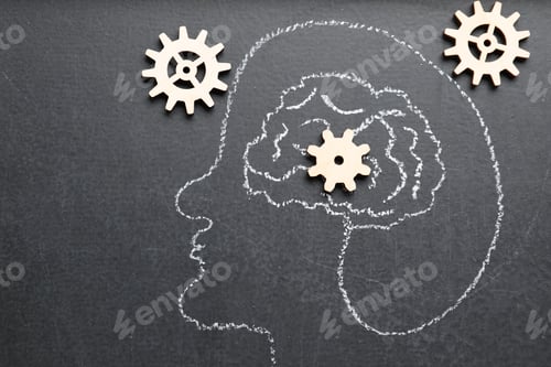 Preview: Amnesia problem. Drawing of head, brain and gears on black background, flat lay. Space for text