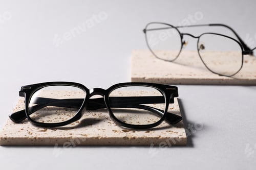Preview: Stylish presentation of eyeglasses on light background, closeup