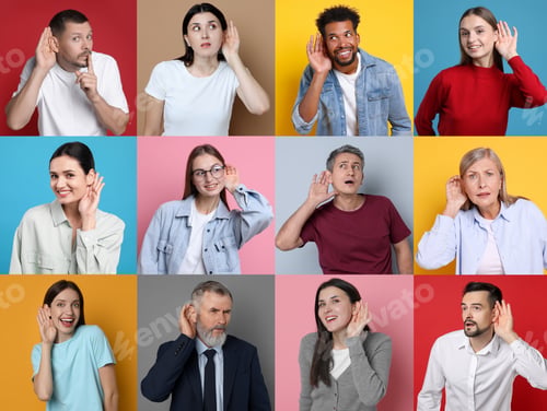 Preview: Hearing health. People holding hands near ears on colorful backgrounds, set