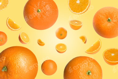 Preview: Fresh juicy oranges swirling in air against golden background. Citrus fruit