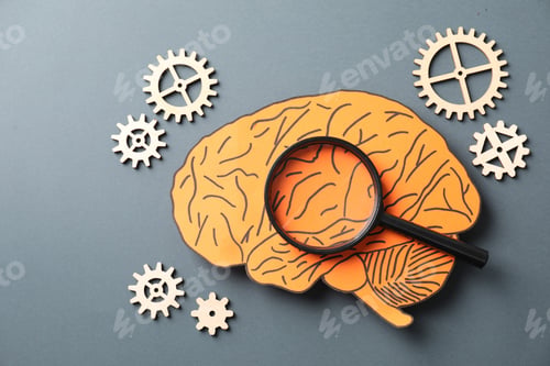 Preview: Amnesia. Paper cutout of human brain, cogwheels and magnifying glass on grey background, flat lay