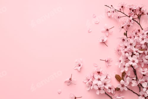 Preview: Beautiful cherry plum tree blossoms on pink background, flat lay. Space for text