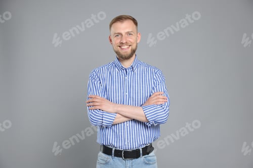 Preview: Portrait of English teacher on grey background