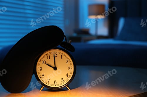 Preview: Alarm clock and sleeping mask on table in bedroom at night, closeup. Space for text