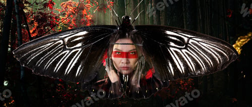 Preview: Shaman woman with her animal spirit in nature. Girl in native American Indian headdress, double expo