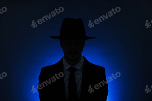 Preview: Silhouette of man in hat on blue background