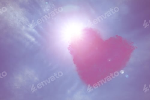 Preview: Fluffy heart-shaped cloud in violet sky. Cute poster or card design for special and romantic occasio