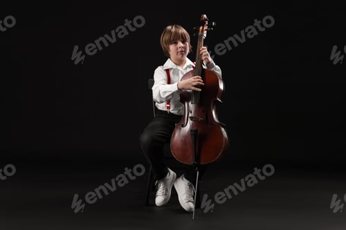 Preview: Little boy playing violoncello on black background